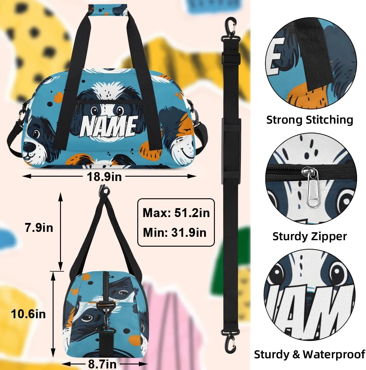 Personalized Custom Gym Bag for Women Men Carry on Cartoon Dogs Travel Duffel Tote Kawaii Puppies Overnight Workout Weekender Bag
