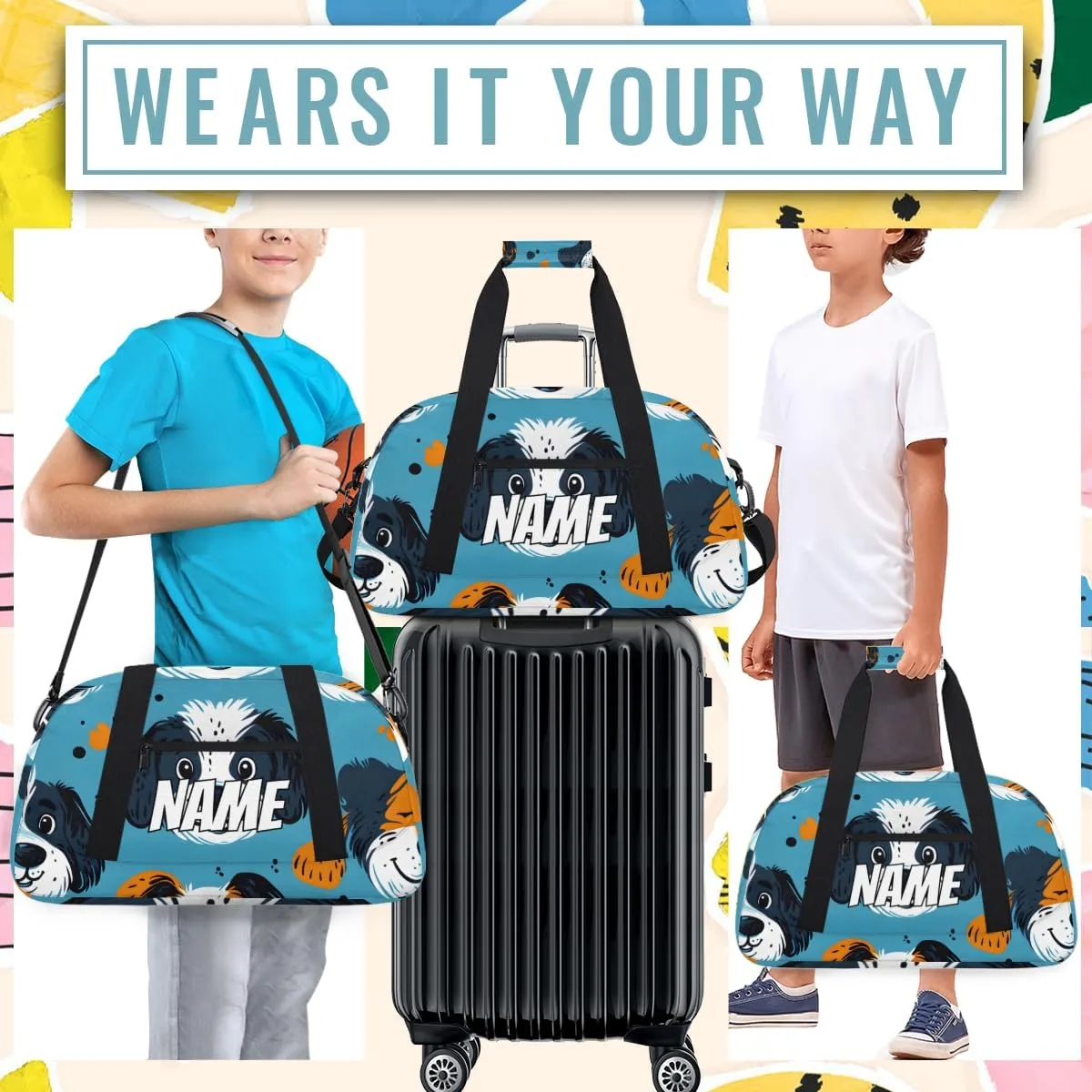 Personalized Custom Gym Bag for Women Men Carry on Cartoon Dogs Travel Duffel Tote Kawaii Puppies Overnight Workout Weekender Bag