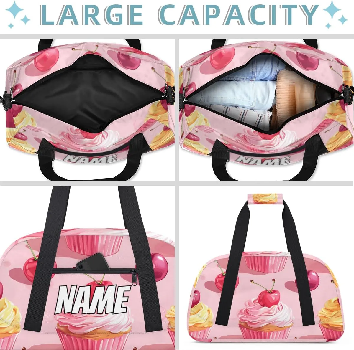 Personalized Custom Gym Bag for Women Men Carry on Cherry Cake Travel Duffel Tote Food Pattern Overnight Workout Weekender Bag