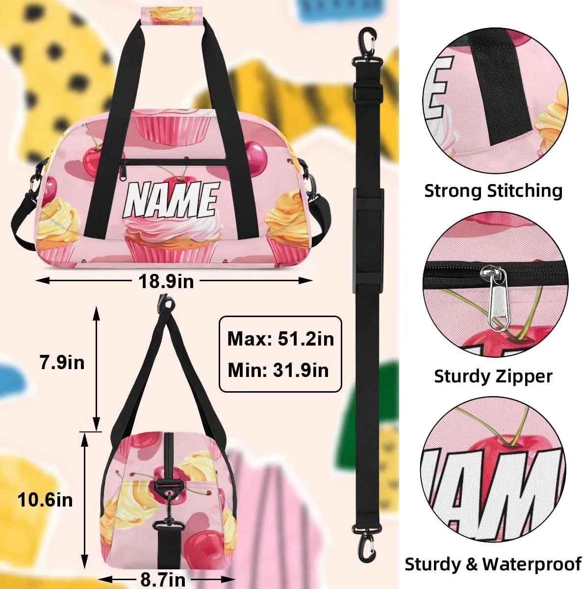 Personalized Custom Gym Bag for Women Men Carry on Cherry Cake Travel Duffel Tote Food Pattern Overnight Workout Weekender Bag