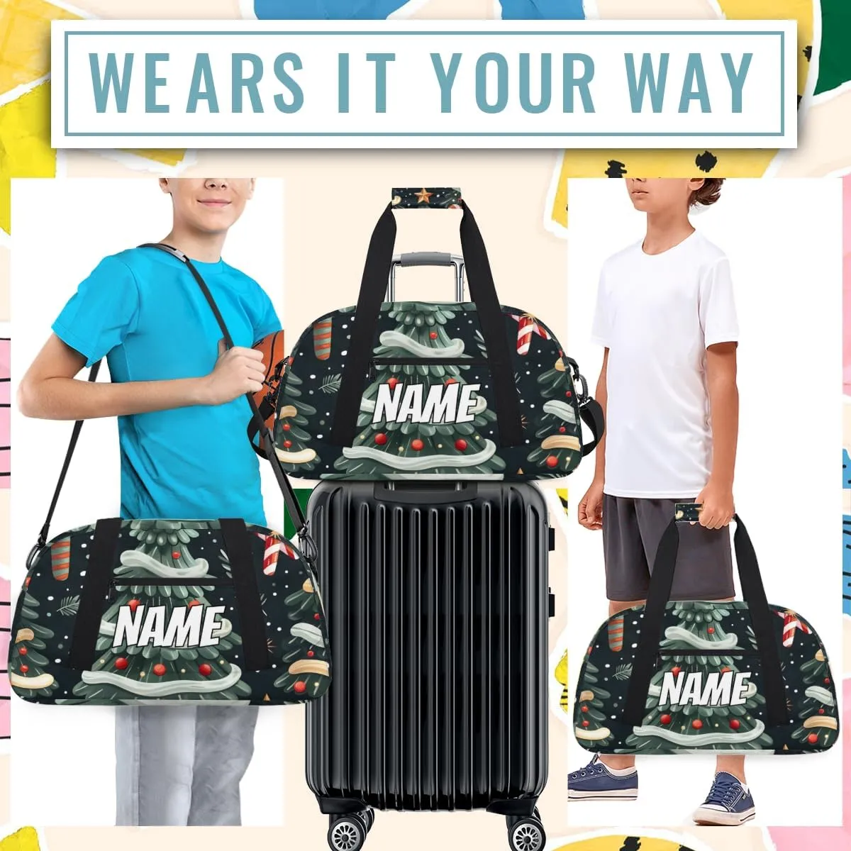 Personalized Custom Gym Bag for Women Men Carry on Christmas Tree Travel Duffel Tote Snowflake Candy Overnight Workout Weekender Bag