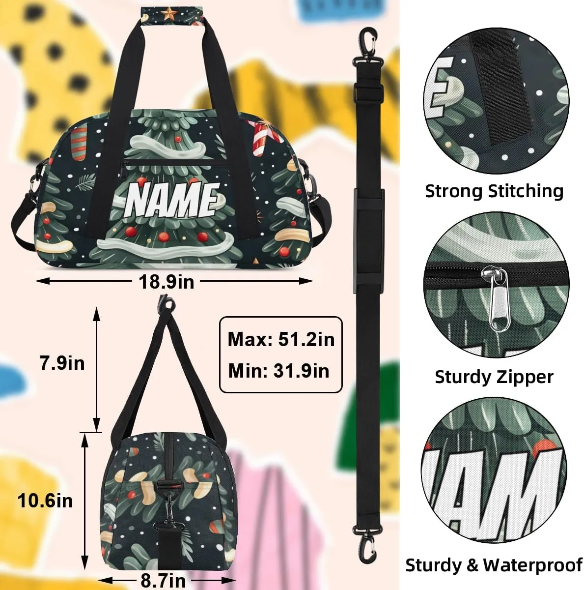 Personalized Custom Gym Bag for Women Men Carry on Christmas Tree Travel Duffel Tote Snowflake Candy Overnight Workout Weekender Bag