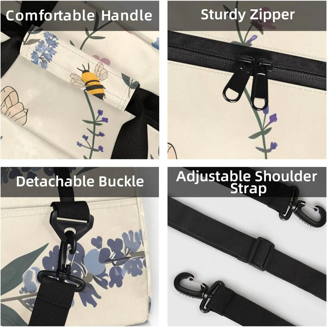 Personalized Custom Gym Bag for Women Men Carry on Cute Bee Travel Duffel Tote Lavender Flower Overnight Workout Weekender Bag