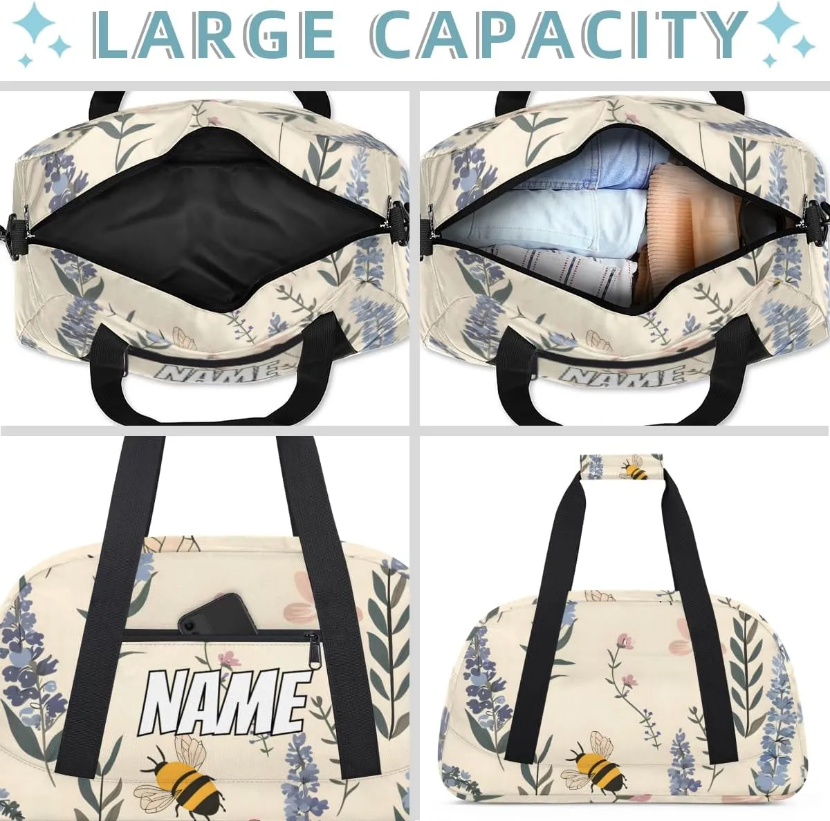 Personalized Custom Gym Bag for Women Men Carry on Cute Bee Travel Duffel Tote Lavender Flower Overnight Workout Weekender Bag