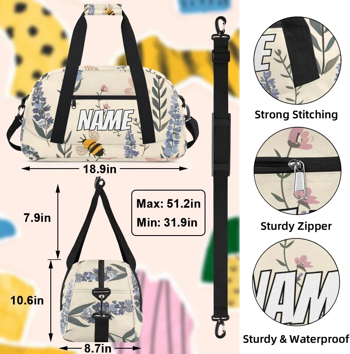 Personalized Custom Gym Bag for Women Men Carry on Cute Bee Travel Duffel Tote Lavender Flower Overnight Workout Weekender Bag