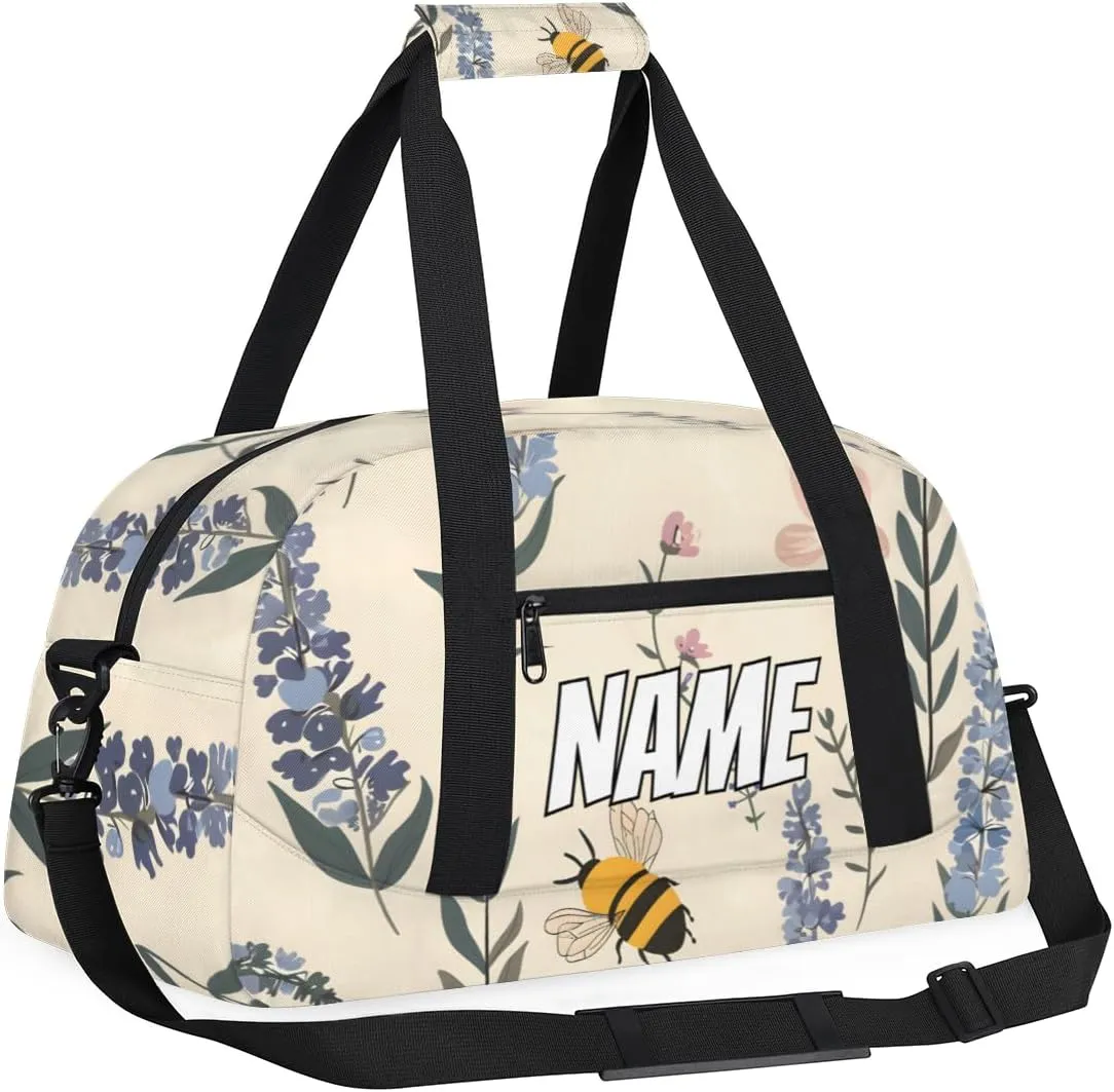 Personalized Custom Gym Bag for Women Men Carry on Cute Bee Travel Duffel Tote Lavender Flower Overnight Workout Weekender Bag