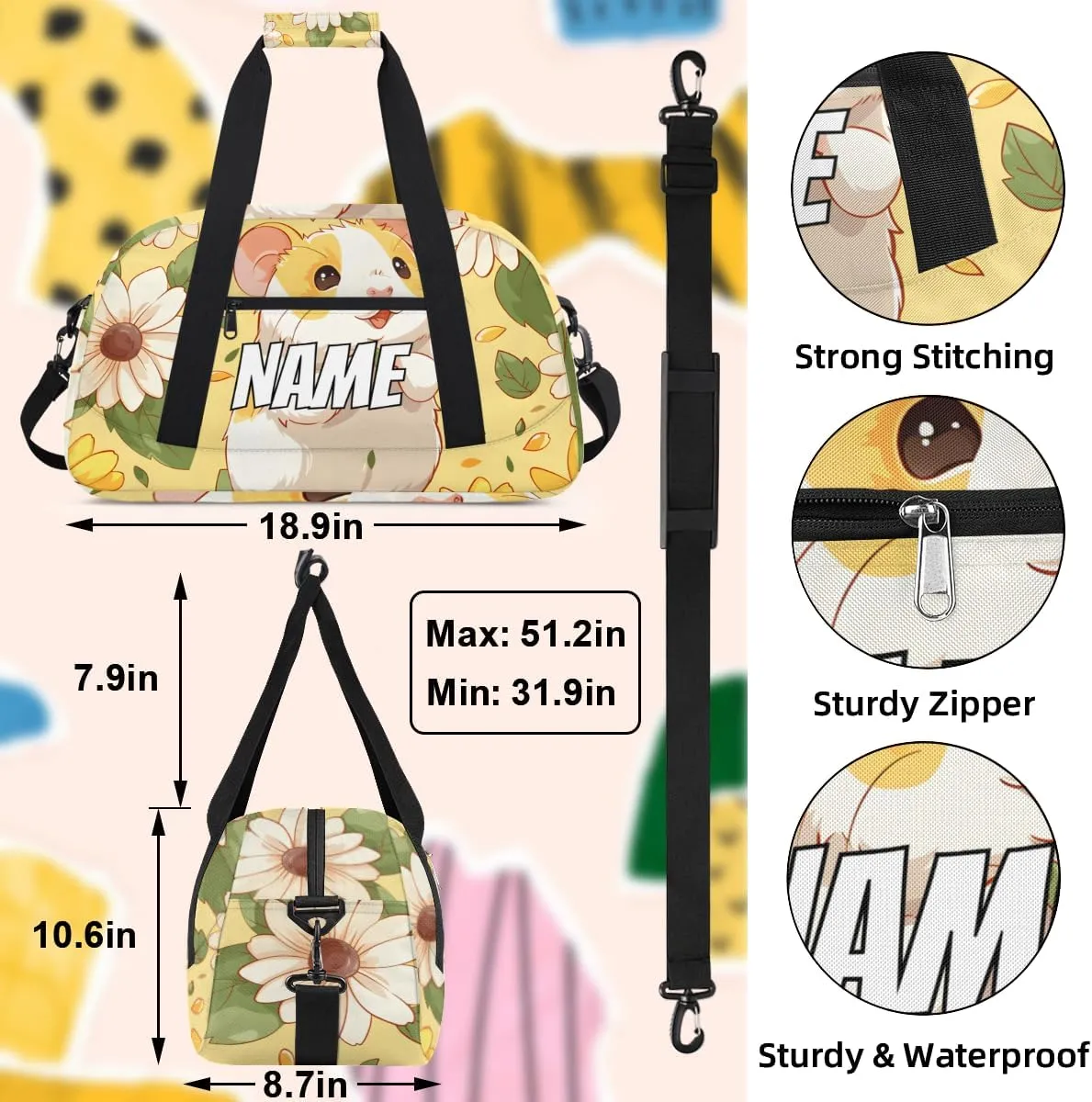Personalized Custom Gym Bag for Women Men Carry on Cute Hamster Travel Duffel Tote Daisy Flower Overnight Workout Weekender Bag
