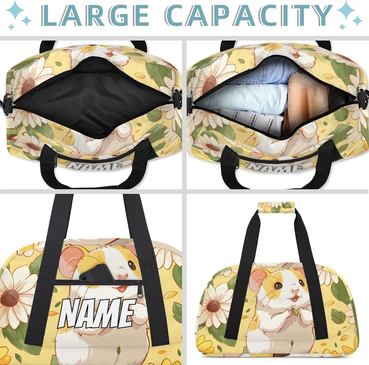 Personalized Custom Gym Bag for Women Men Carry on Cute Hamster Travel Duffel Tote Daisy Flower Overnight Workout Weekender Bag