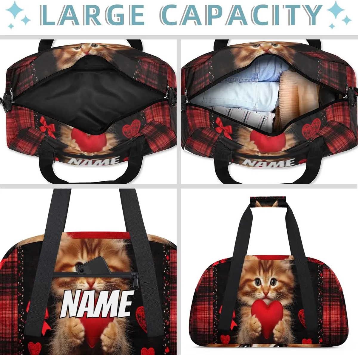 Personalized Custom Gym Bag for Women Men Carry on Cute Heart Cat Travel Duffel Tote Red Plaid Overnight Workout Weekender Bag