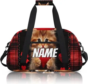 Personalized Custom Gym Bag for Women Men Carry on Cute Heart Cat Travel Duffel Tote Red Plaid Overnight Workout Weekender Bag