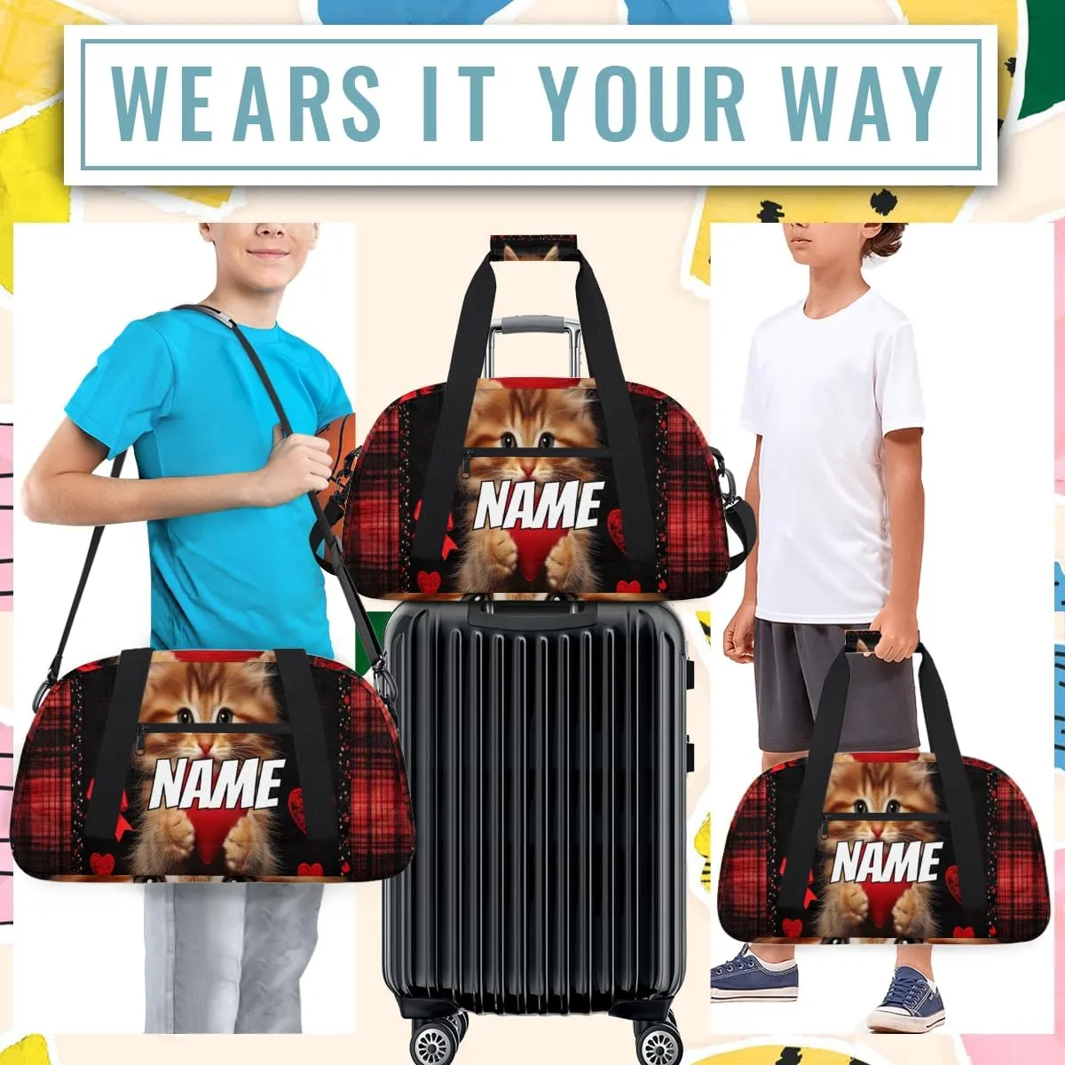 Personalized Custom Gym Bag for Women Men Carry on Cute Heart Cat Travel Duffel Tote Red Plaid Overnight Workout Weekender Bag