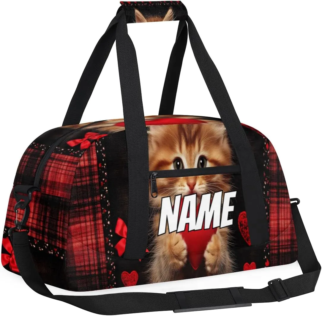 Personalized Custom Gym Bag for Women Men Carry on Cute Heart Cat Travel Duffel Tote Red Plaid Overnight Workout Weekender Bag