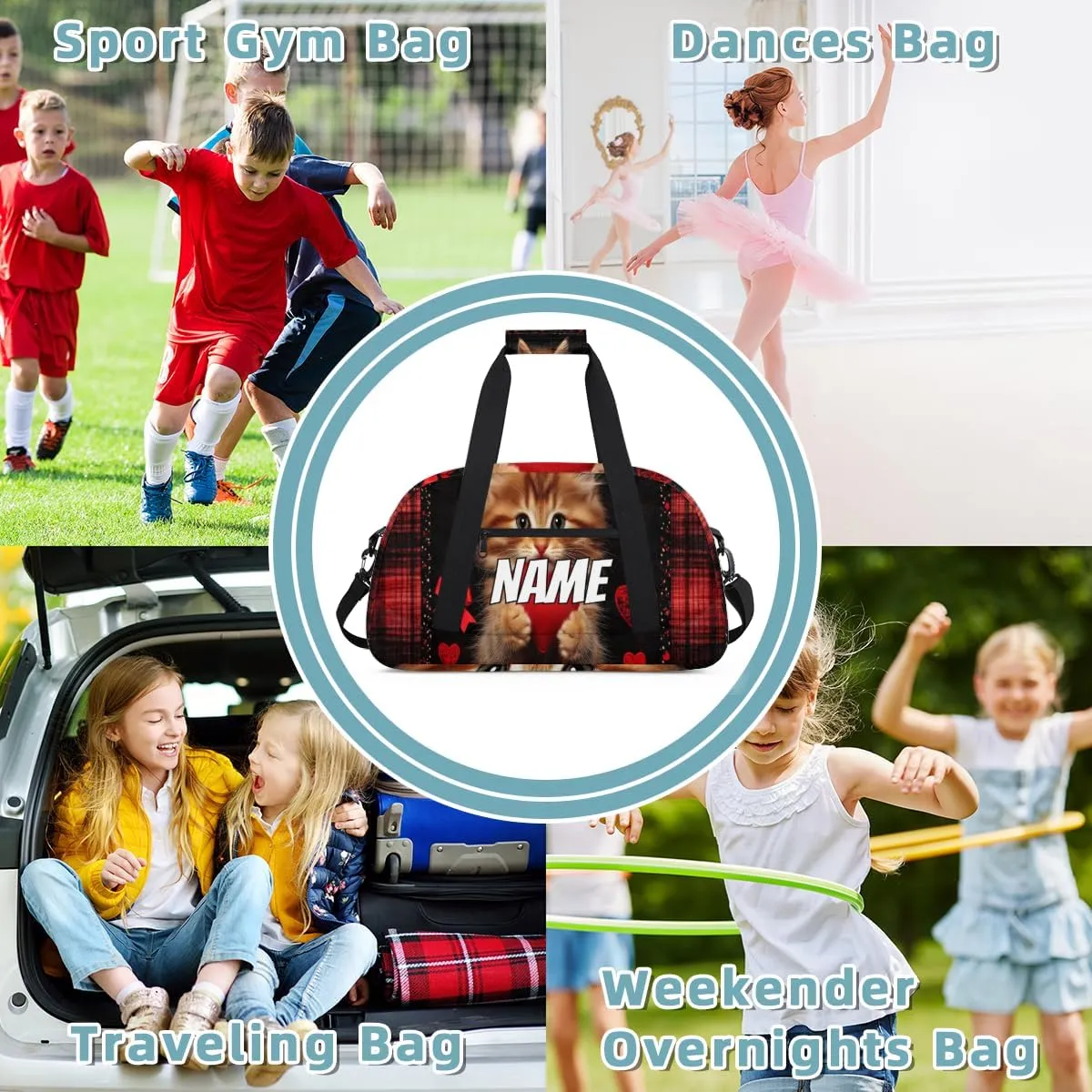 Personalized Custom Gym Bag for Women Men Carry on Cute Heart Cat Travel Duffel Tote Red Plaid Overnight Workout Weekender Bag