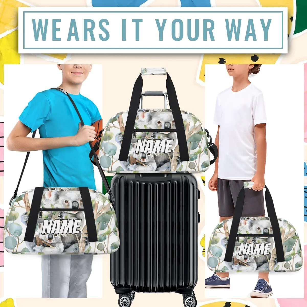 Personalized Custom Gym Bag for Women Men Carry on Cute Koala Travel Duffel Tote Australian Animal Overnight Workout Weekender Bag