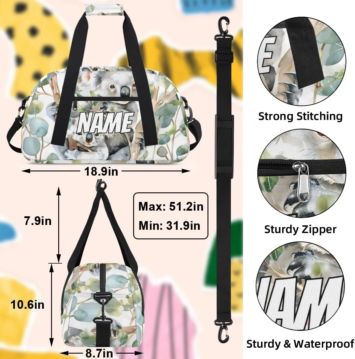 Personalized Custom Gym Bag for Women Men Carry on Cute Koala Travel Duffel Tote Australian Animal Overnight Workout Weekender Bag