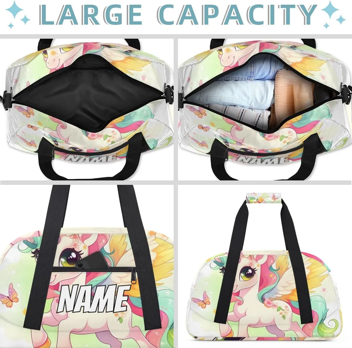Personalized Custom Gym Bag for Women Men Carry on Cute Unicorn Travel Duffel Tote Butterfly Rainbow Overnight Workout Weekender Bag