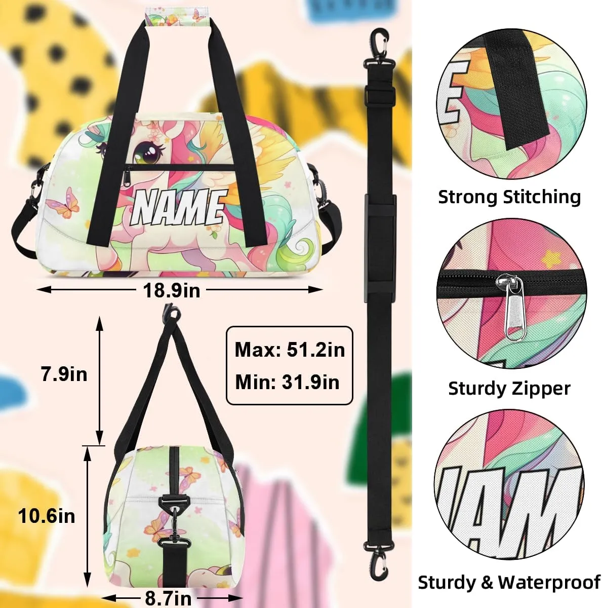 Personalized Custom Gym Bag for Women Men Carry on Cute Unicorn Travel Duffel Tote Butterfly Rainbow Overnight Workout Weekender Bag