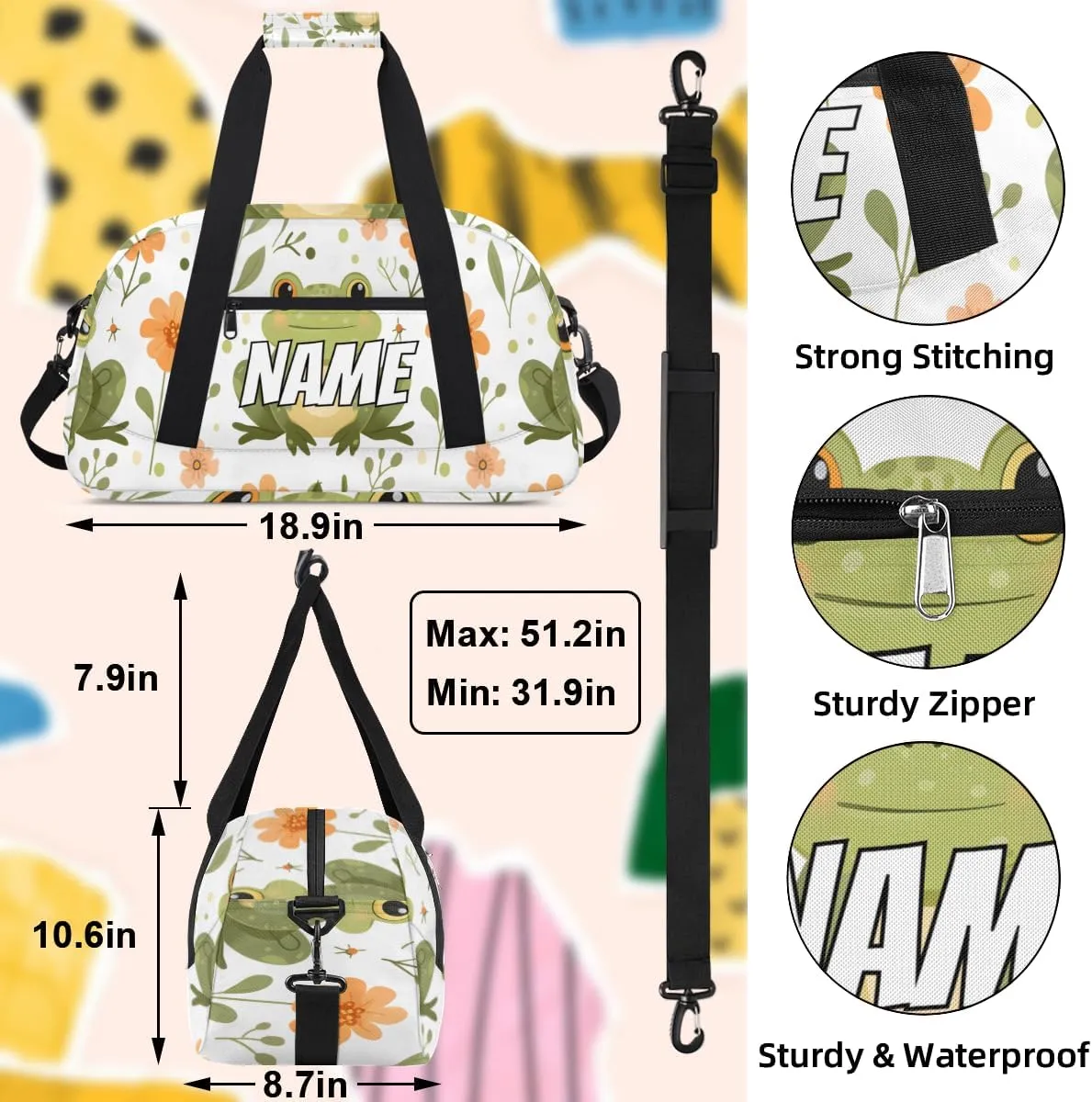 Personalized Custom Gym Bag for Women Men Carry on Forest Frog Travel Duffel Tote Tropical Wildflower Overnight Workout Weekender Bag