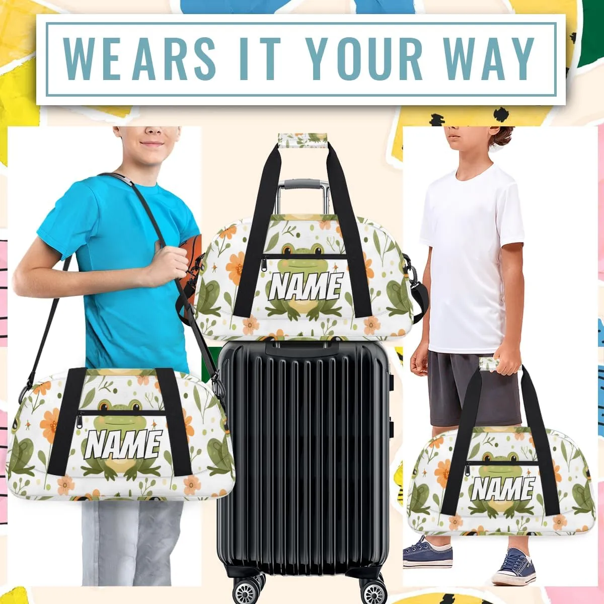 Personalized Custom Gym Bag for Women Men Carry on Forest Frog Travel Duffel Tote Tropical Wildflower Overnight Workout Weekender Bag