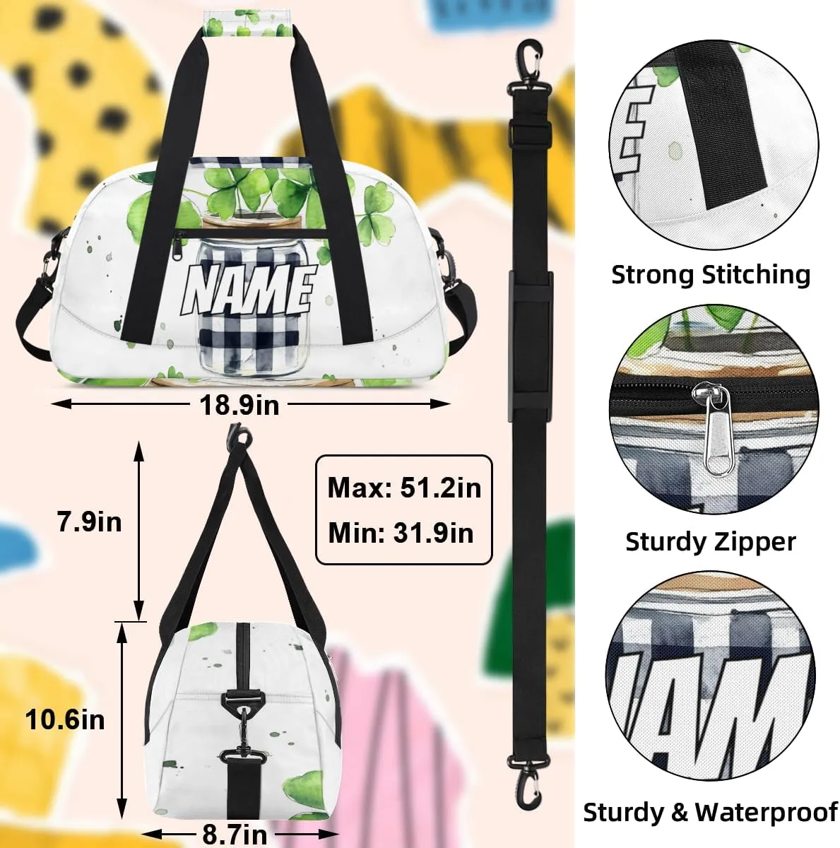 Personalized Custom Gym Bag for Women Men Carry on Four Leaved Clover Travel Duffel Tote Lucky Plant Overnight Workout Weekender Bag