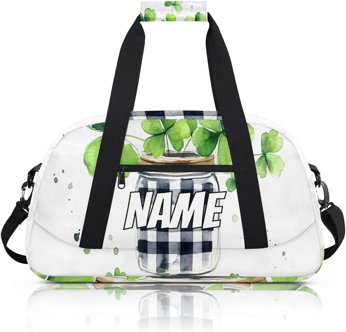 Personalized Custom Gym Bag for Women Men Carry on Four Leaved Clover Travel Duffel Tote Lucky Plant Overnight Workout Weekender Bag