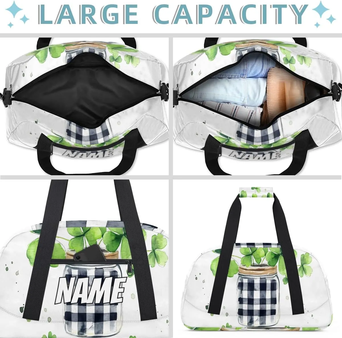 Personalized Custom Gym Bag for Women Men Carry on Four Leaved Clover Travel Duffel Tote Lucky Plant Overnight Workout Weekender Bag
