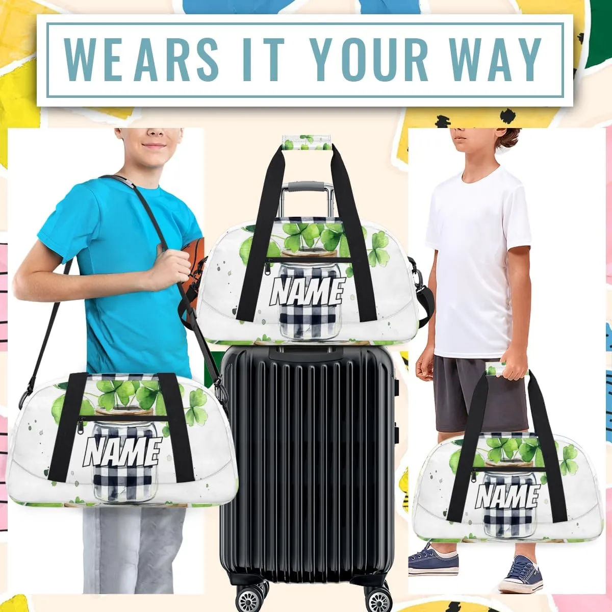 Personalized Custom Gym Bag for Women Men Carry on Four Leaved Clover Travel Duffel Tote Lucky Plant Overnight Workout Weekender Bag