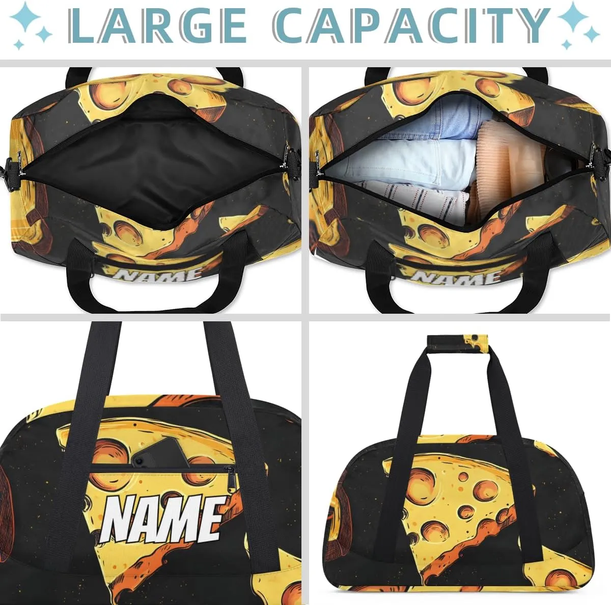 Personalized Custom Gym Bag for Women Men Carry on Funny Cheese Travel Duffel Tote Food Pattern Overnight Workout Weekender Bag