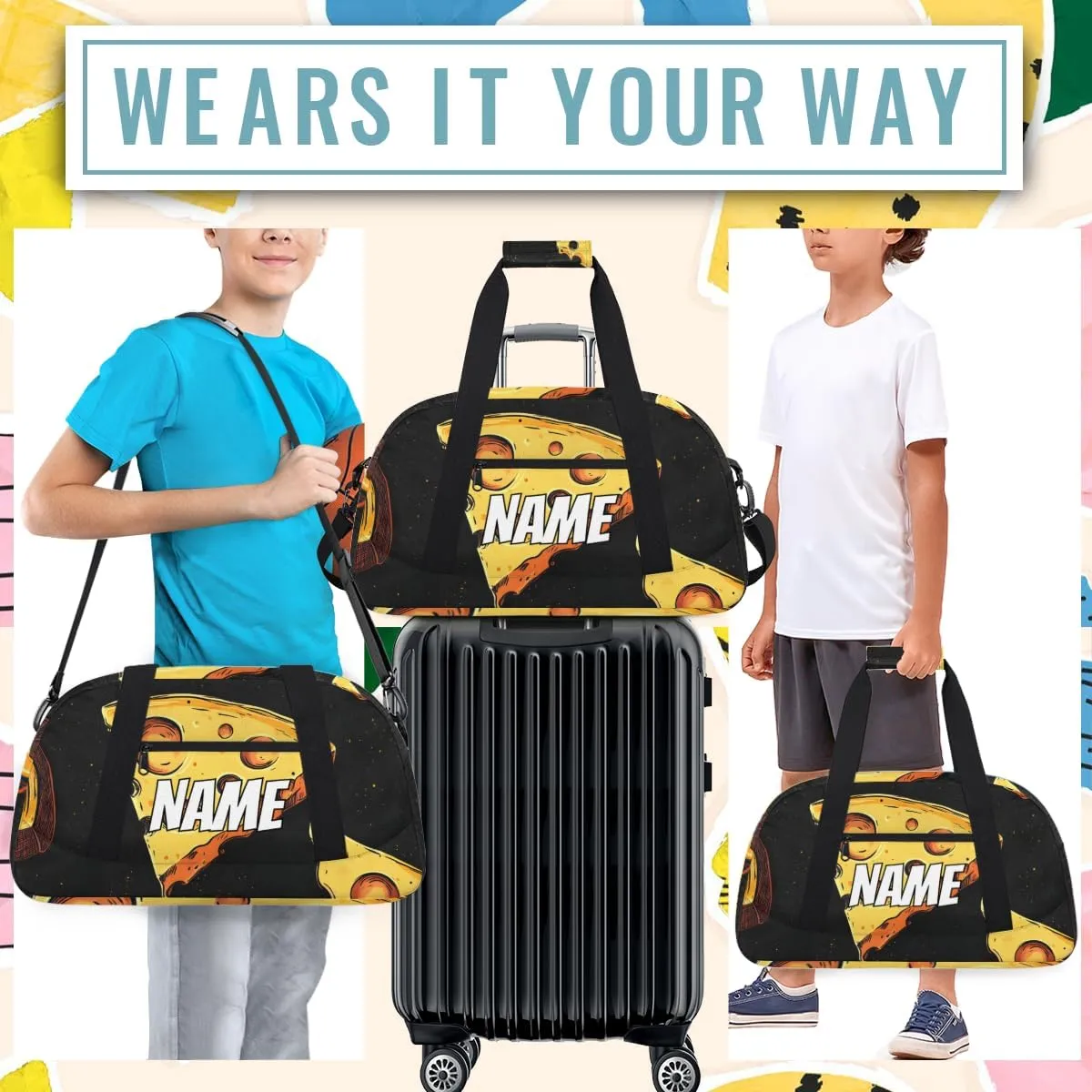 Personalized Custom Gym Bag for Women Men Carry on Funny Cheese Travel Duffel Tote Food Pattern Overnight Workout Weekender Bag