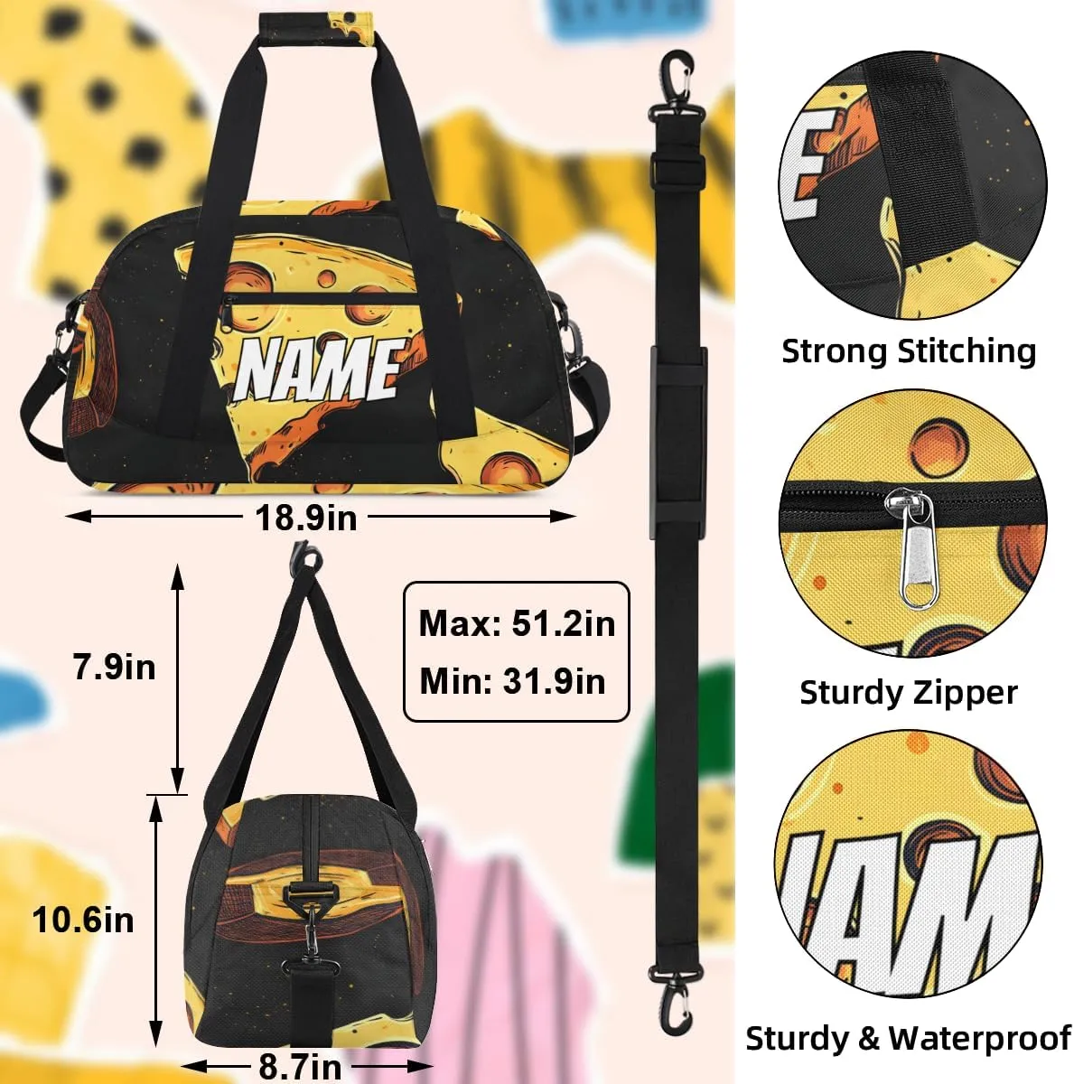 Personalized Custom Gym Bag for Women Men Carry on Funny Cheese Travel Duffel Tote Food Pattern Overnight Workout Weekender Bag
