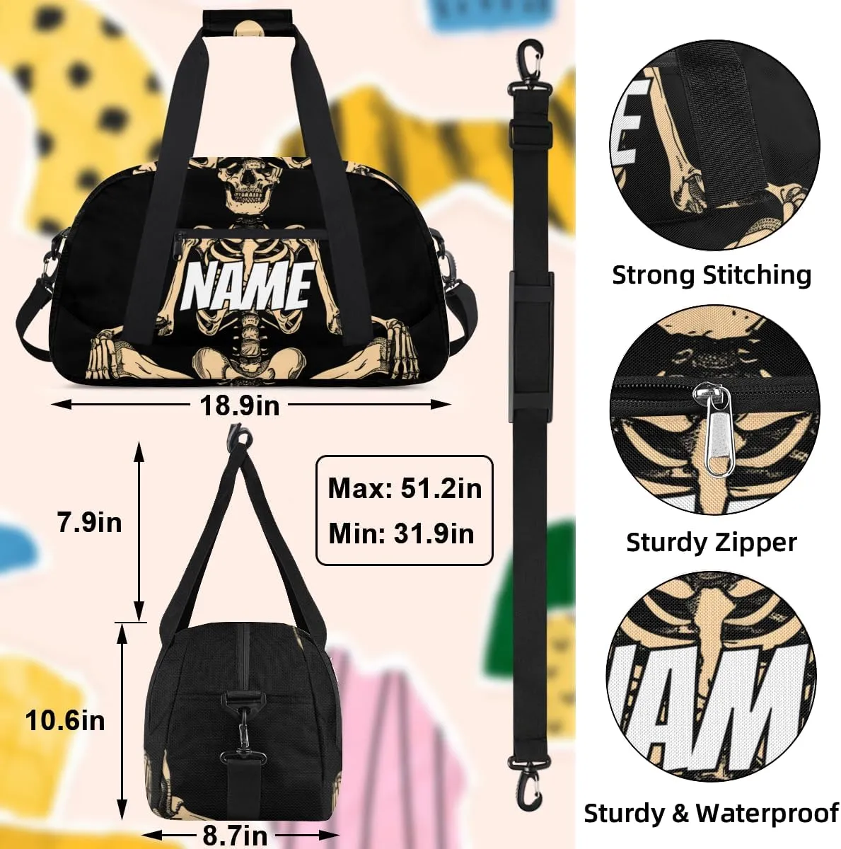 Personalized Custom Gym Bag for Women Men Carry on Gothic Skeleton Travel Duffel Tote Funny Skull Overnight Workout Weekender Bag