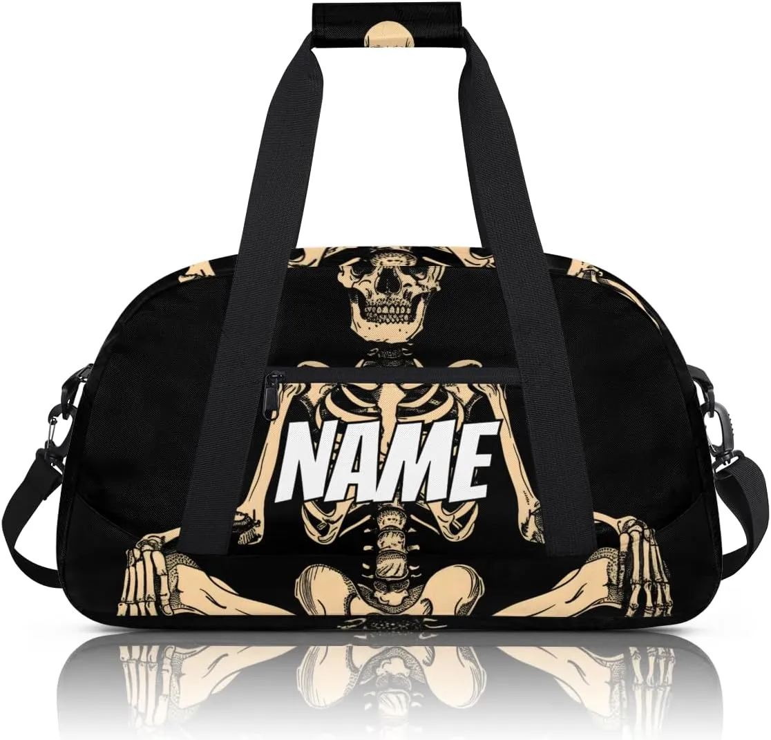 Personalized Custom Gym Bag for Women Men Carry on Gothic Skeleton Travel Duffel Tote Funny Skull Overnight Workout Weekender Bag