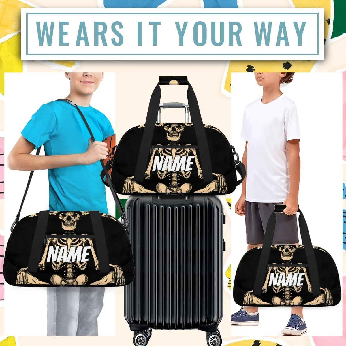 Personalized Custom Gym Bag for Women Men Carry on Gothic Skeleton Travel Duffel Tote Funny Skull Overnight Workout Weekender Bag
