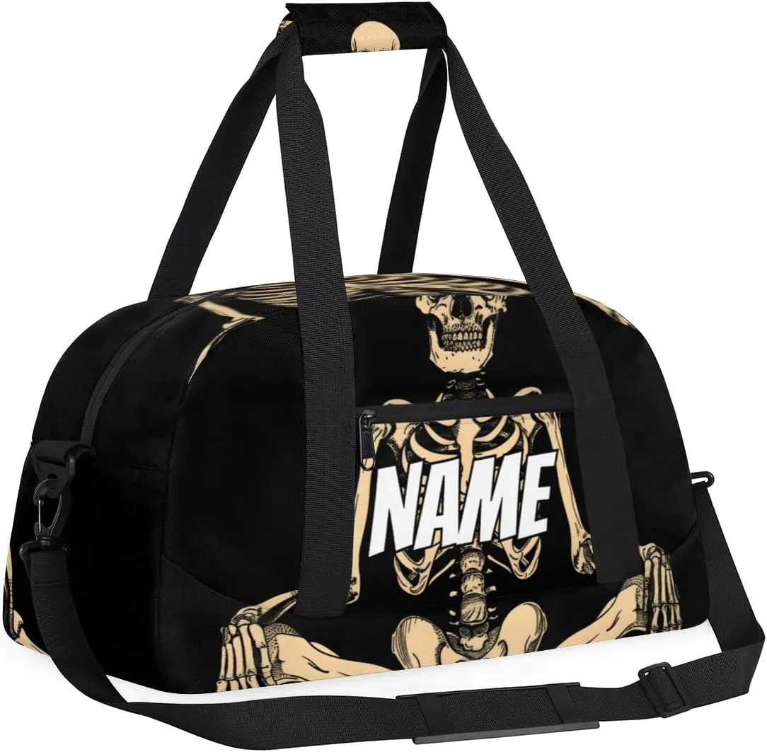 Personalized Custom Gym Bag for Women Men Carry on Gothic Skeleton Travel Duffel Tote Funny Skull Overnight Workout Weekender Bag
