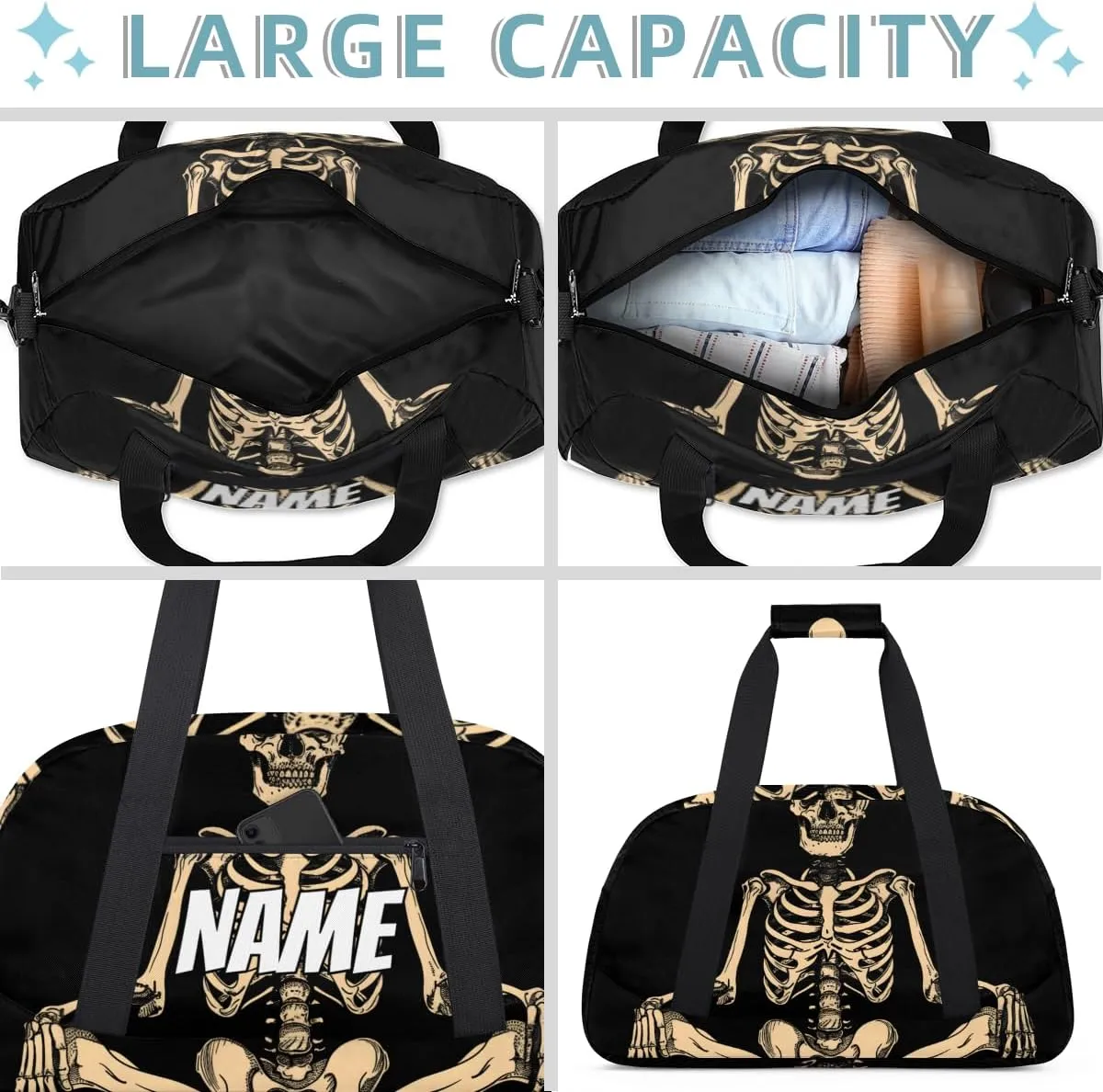 Personalized Custom Gym Bag for Women Men Carry on Gothic Skeleton Travel Duffel Tote Funny Skull Overnight Workout Weekender Bag