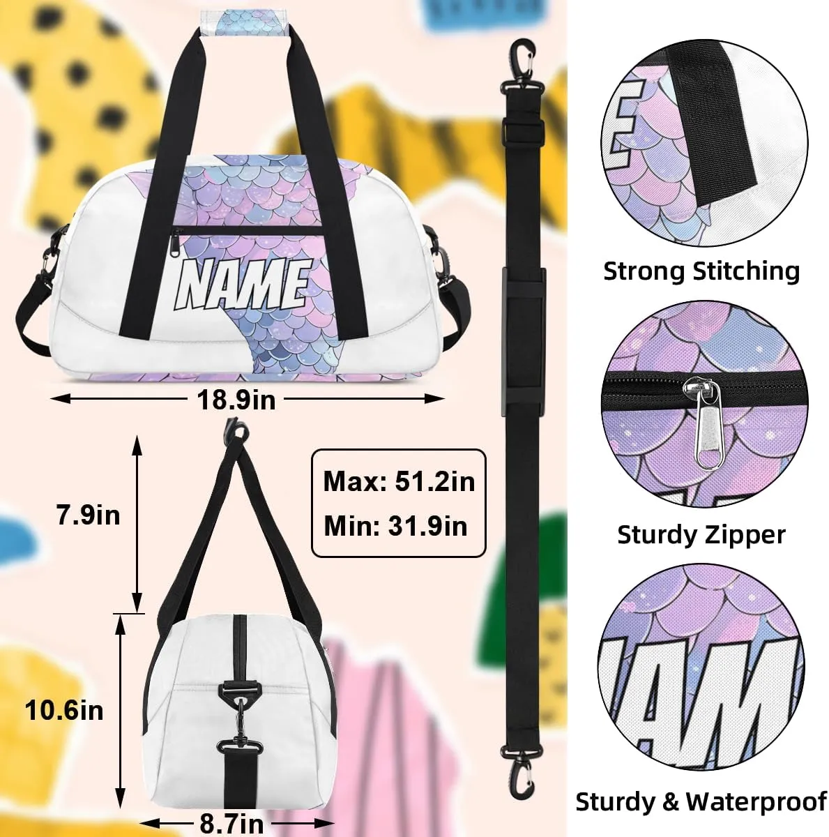 Personalized Custom Gym Bag for Women Men Carry on Mermaid Tail Travel Duffel Tote Sea Ocean Overnight Workout Weekender Bag