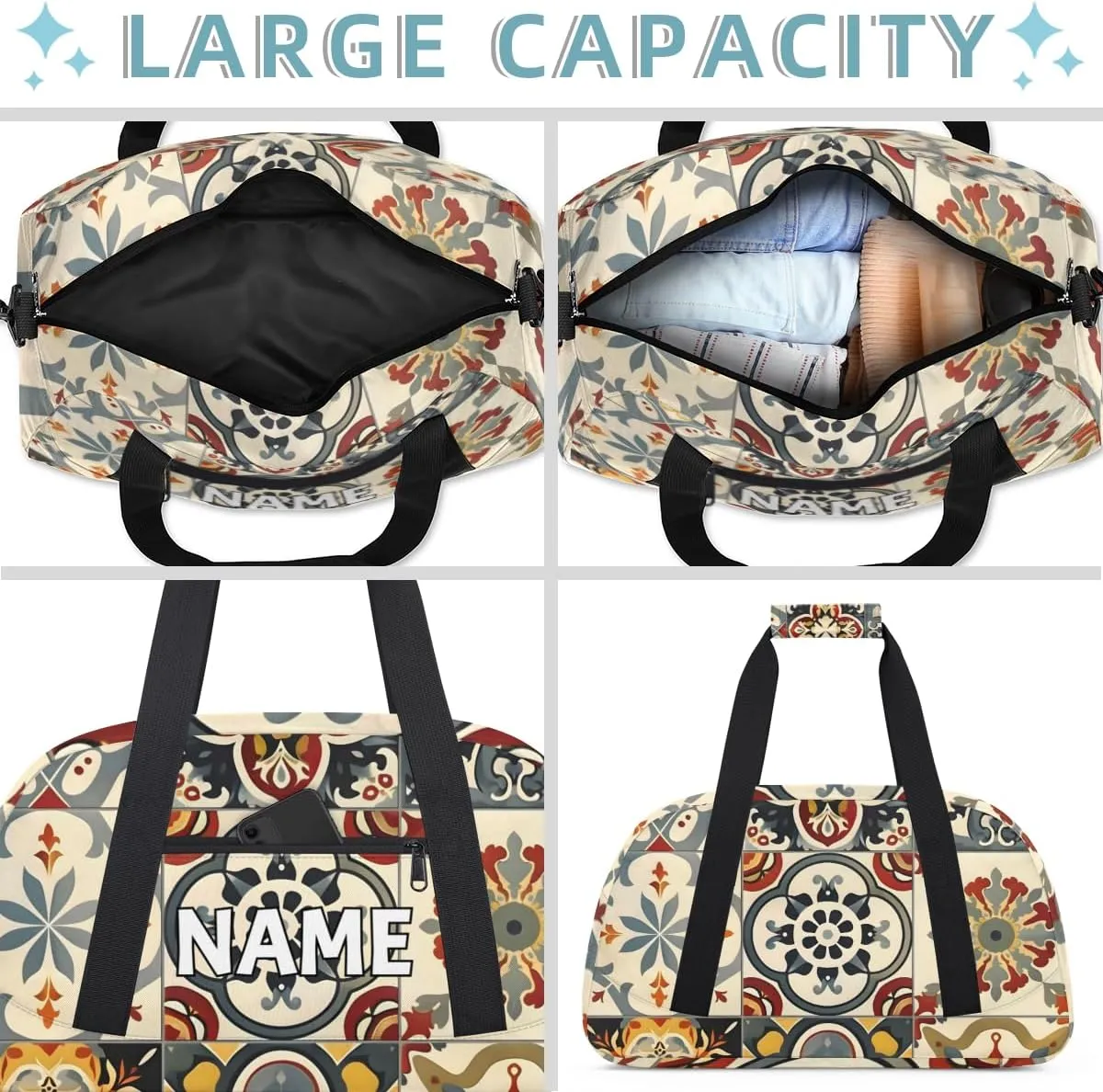 Personalized Custom Gym Bag for Women Men Carry on Mexican Tile Travel Duffel Tote Boho Mexico Overnight Workout Weekender Bag