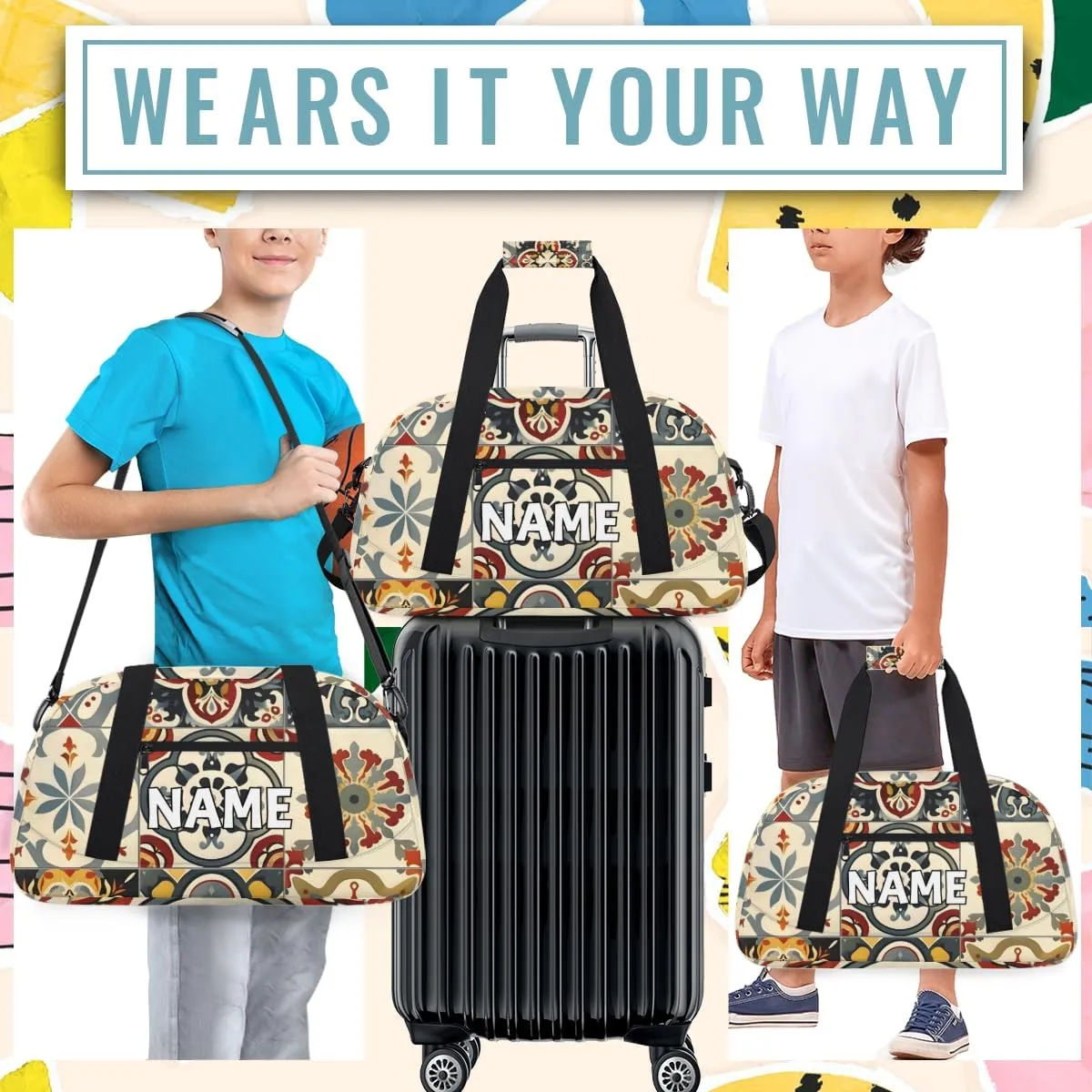 Personalized Custom Gym Bag for Women Men Carry on Mexican Tile Travel Duffel Tote Boho Mexico Overnight Workout Weekender Bag