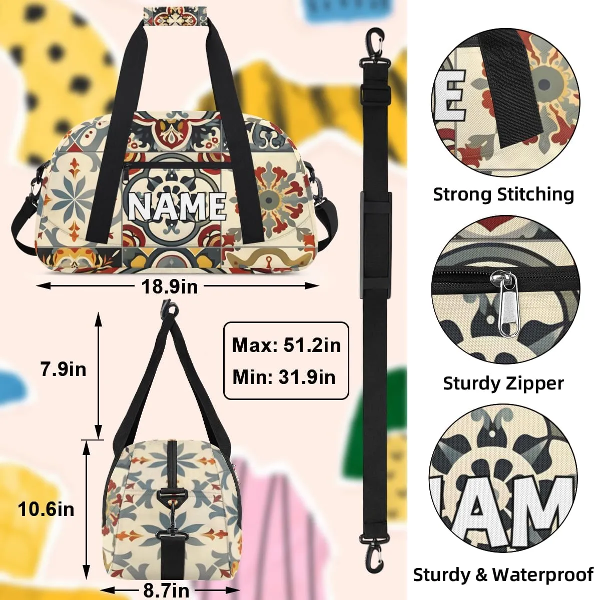 Personalized Custom Gym Bag for Women Men Carry on Mexican Tile Travel Duffel Tote Boho Mexico Overnight Workout Weekender Bag