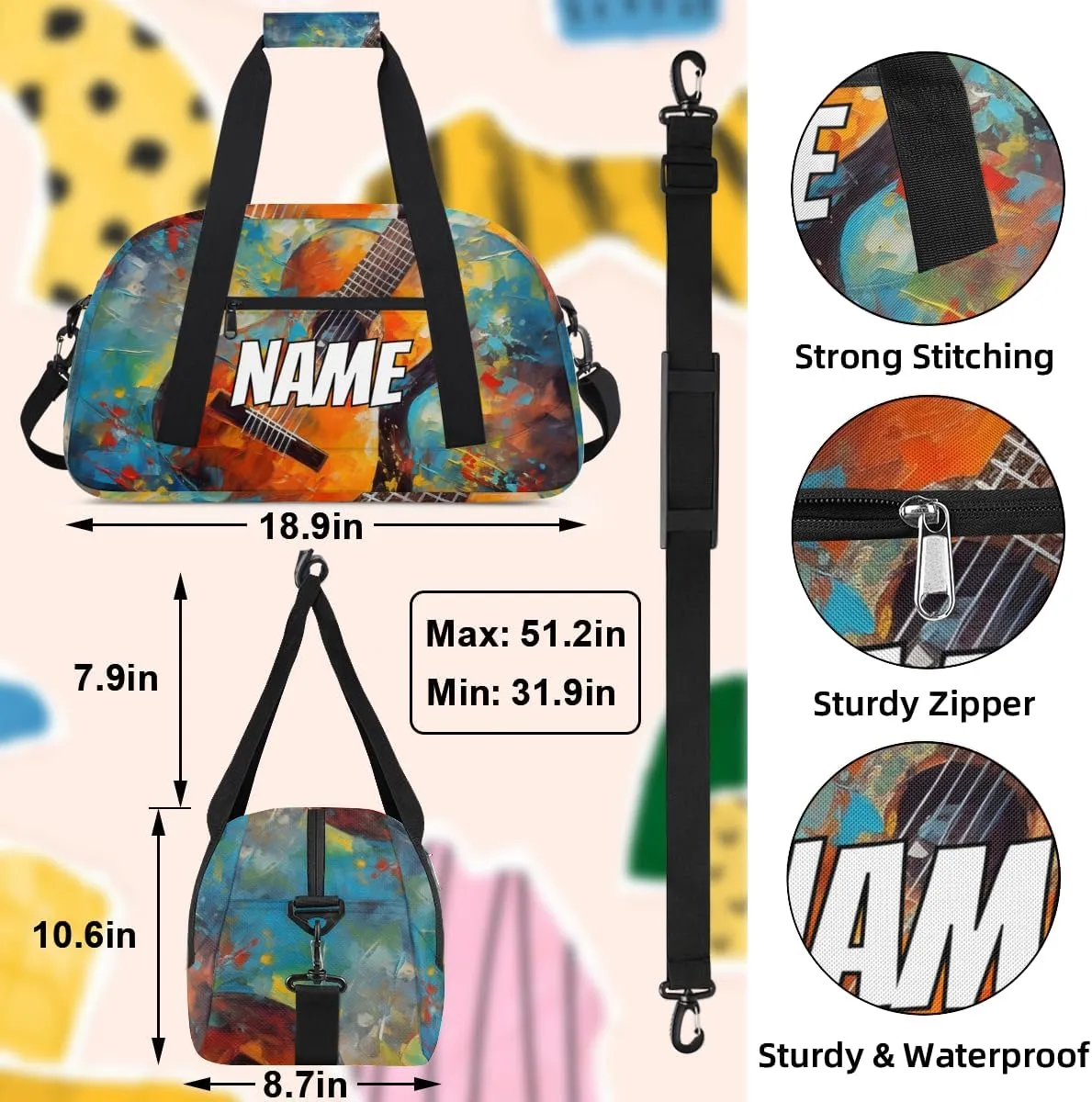 Personalized Custom Gym Bag for Women Men Carry on Music Guitar Travel Duffel Tote Musical Theme Overnight Workout Weekender Bag