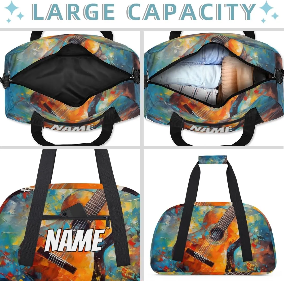 Personalized Custom Gym Bag for Women Men Carry on Music Guitar Travel Duffel Tote Musical Theme Overnight Workout Weekender Bag