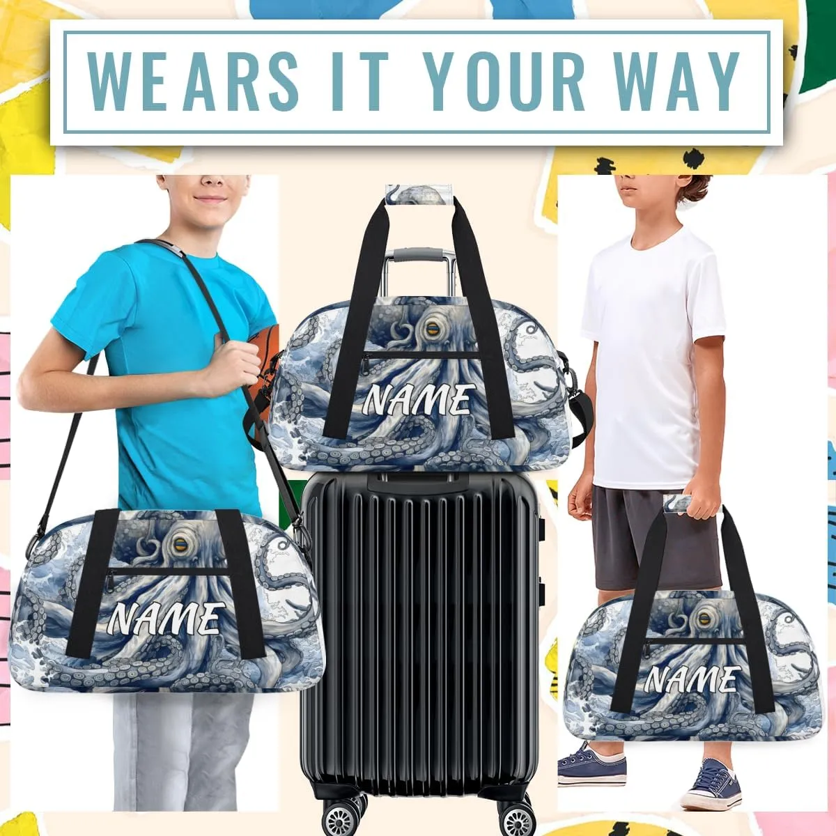 Personalized Custom Gym Bag for Women Men Carry on Ocean Octopus Travel Duffel Tote Natical Waves Overnight Workout Weekender Bag