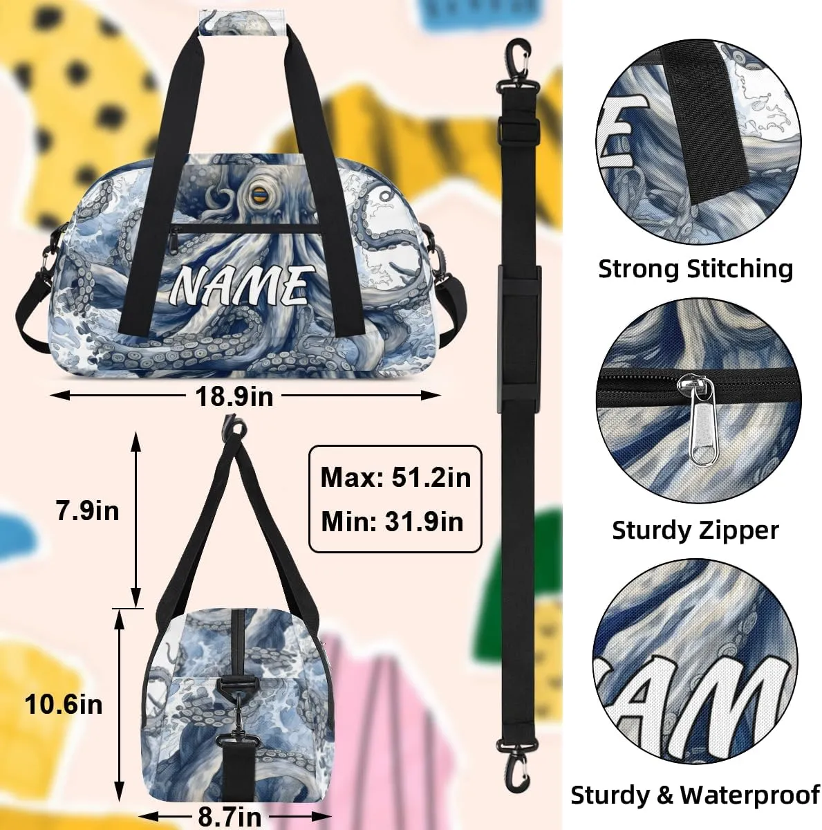 Personalized Custom Gym Bag for Women Men Carry on Ocean Octopus Travel Duffel Tote Natical Waves Overnight Workout Weekender Bag