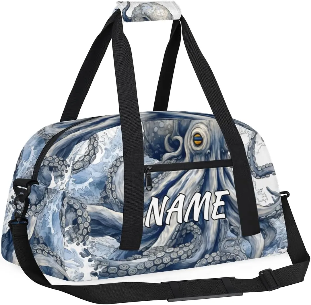 Personalized Custom Gym Bag for Women Men Carry on Ocean Octopus Travel Duffel Tote Natical Waves Overnight Workout Weekender Bag
