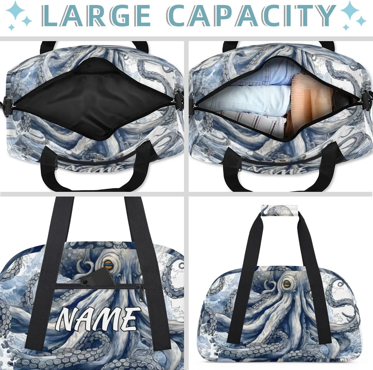 Personalized Custom Gym Bag for Women Men Carry on Ocean Octopus Travel Duffel Tote Natical Waves Overnight Workout Weekender Bag