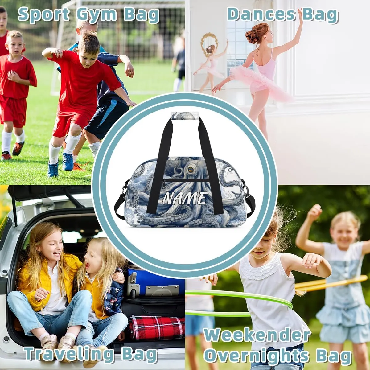 Personalized Custom Gym Bag for Women Men Carry on Ocean Octopus Travel Duffel Tote Natical Waves Overnight Workout Weekender Bag