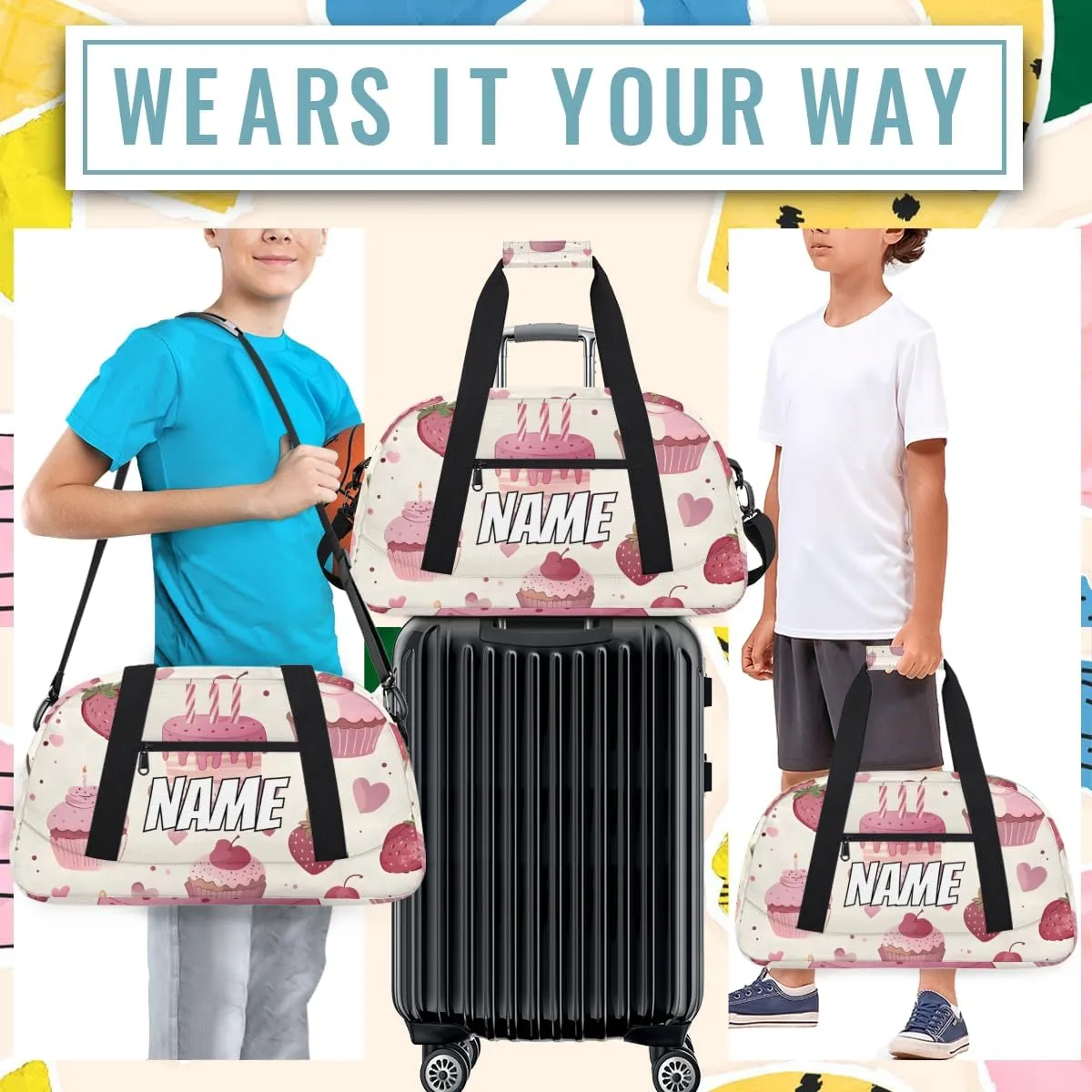 Personalized Custom Gym Bag for Women Men Carry on Pink Cake Travel Duffel Tote Strawberry Food Overnight Workout Weekender Bag