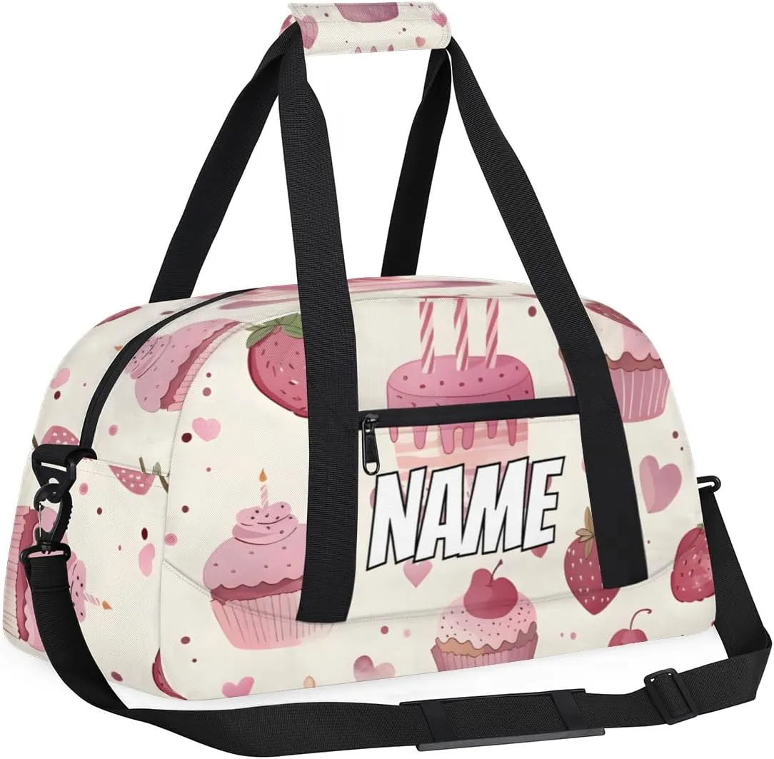 Personalized Custom Gym Bag for Women Men Carry on Pink Cake Travel Duffel Tote Strawberry Food Overnight Workout Weekender Bag