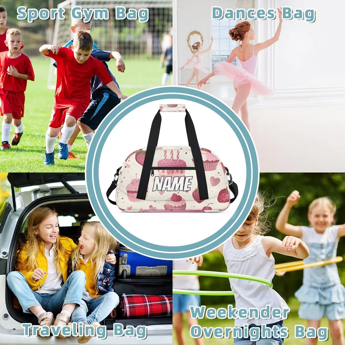 Personalized Custom Gym Bag for Women Men Carry on Pink Cake Travel Duffel Tote Strawberry Food Overnight Workout Weekender Bag