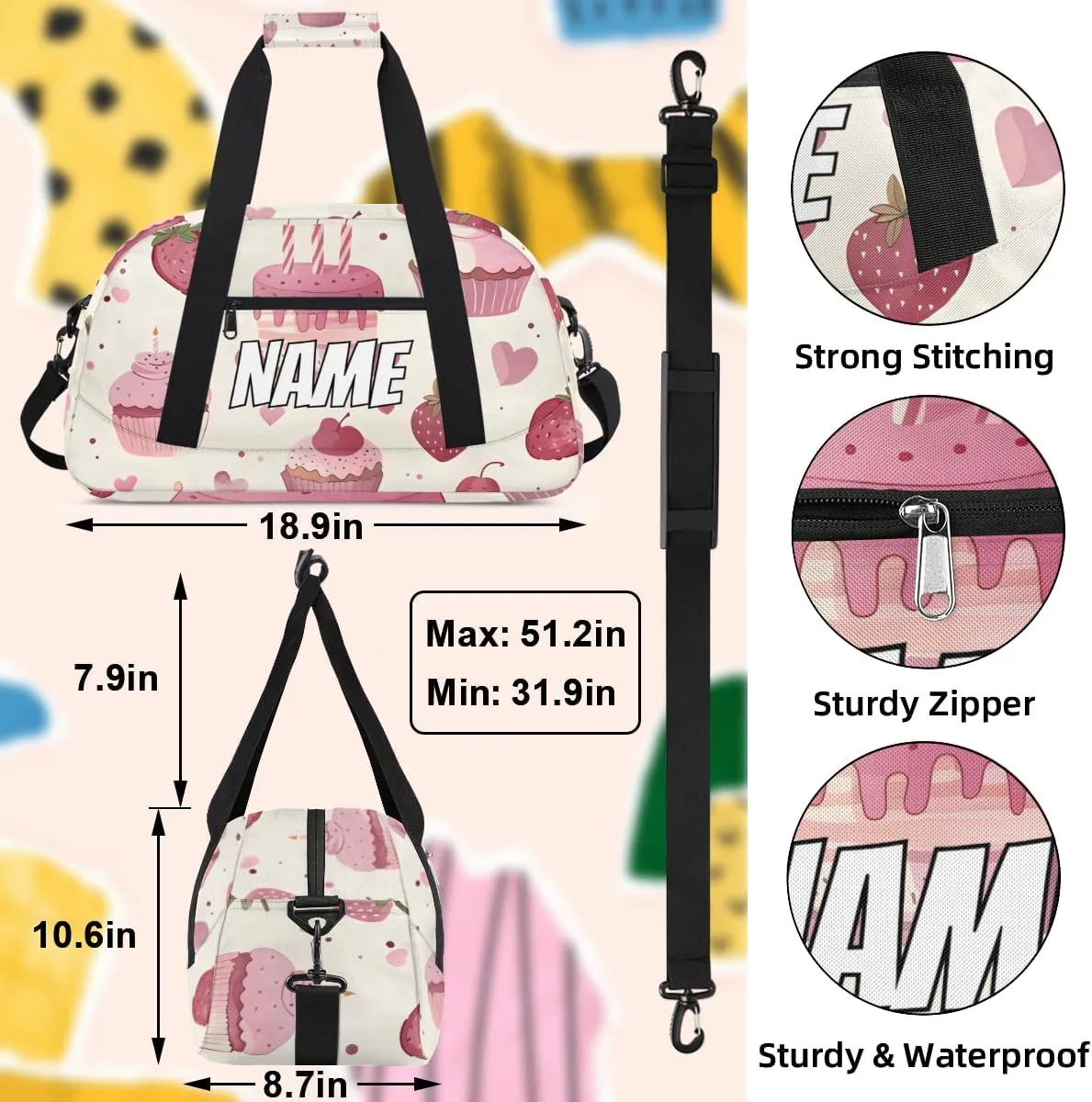 Personalized Custom Gym Bag for Women Men Carry on Pink Cake Travel Duffel Tote Strawberry Food Overnight Workout Weekender Bag